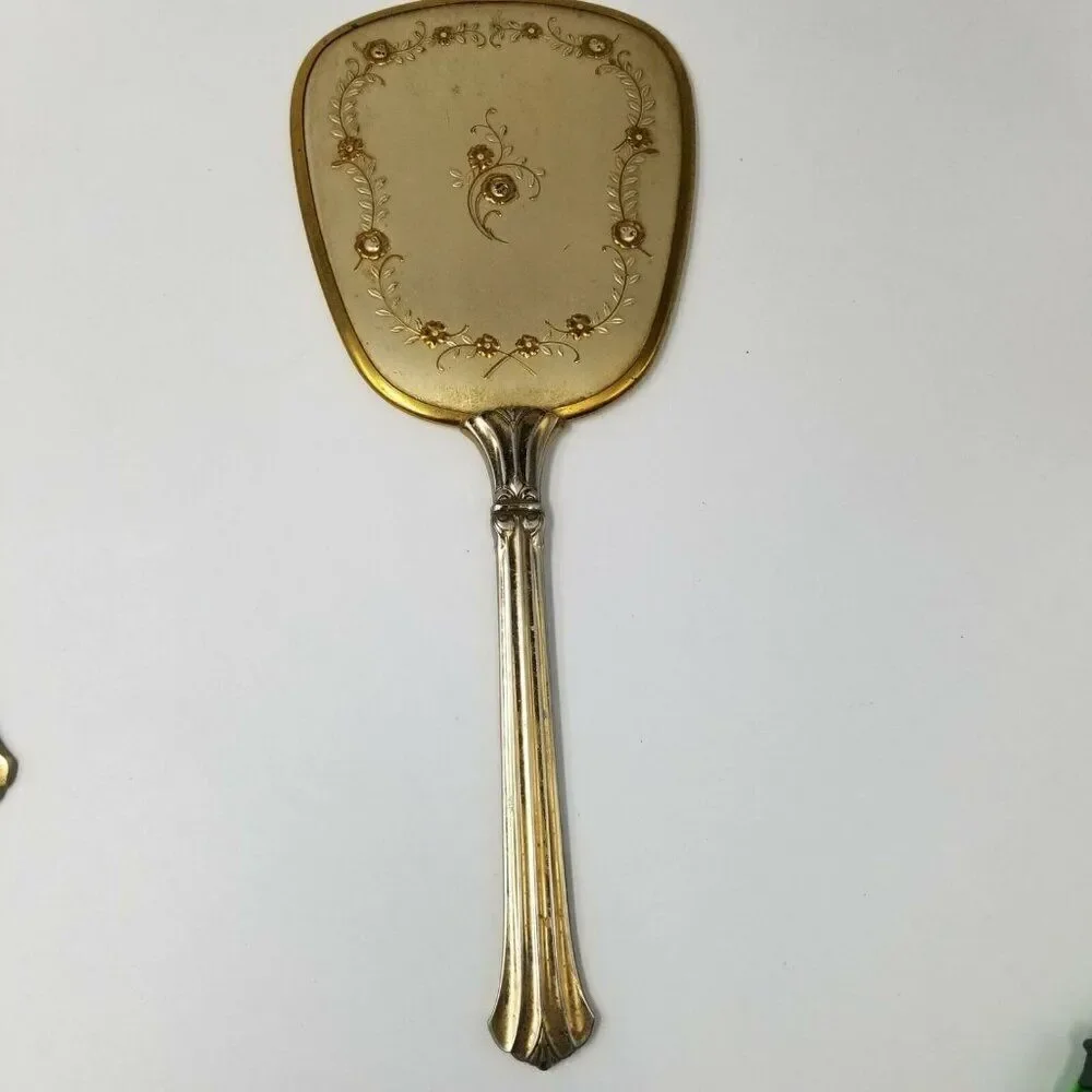Vintage 40s Matson Vanity Dresser Hand Mirror Gold Comb Brush Hollywood Regency